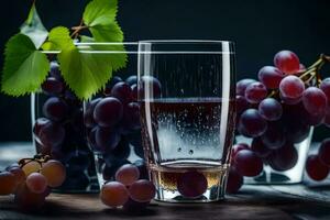 uvas y un vaso de vino en un oscuro mesa. generado por ai foto