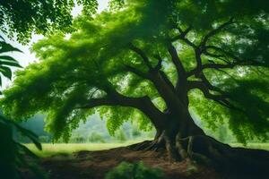 a large tree in the middle of a green field. AI-Generated photo