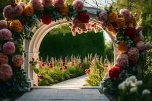 a walkway with flowers and archway. AI-Generated photo