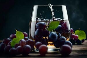 un vaso de vino con uvas y hojas. generado por ai foto