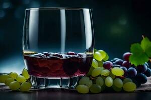 a glass of wine and grapes on a table. AI-Generated photo