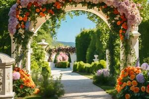 an archway with flowers and greenery. AI-Generated photo