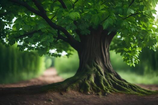 a tree with roots in the middle of a field. AI-Generated photo