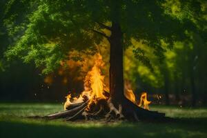 a tree with fire and grass in the background. AI-Generated photo