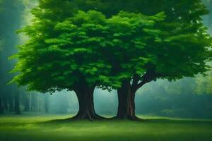 two trees in the middle of a green field. AI-Generated photo