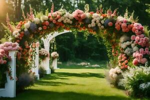 a wedding arch with pink and white flowers. AI-Generated photo