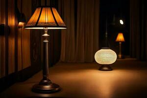 a lamp is on a table in a dark room. AI-Generated photo