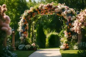 un Boda arco hecho de flores en el jardín. generado por ai foto