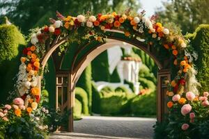 an archway with flowers and greenery. AI-Generated photo