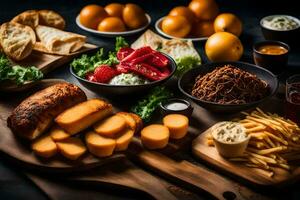 a variety of food on a wooden table. AI-Generated photo