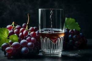 a glass of wine with grapes on a dark background. AI-Generated photo