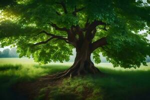 un grande árbol en el medio de un campo. generado por ai foto