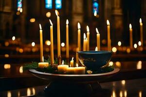 candles are lit in a church with candles. AI-Generated photo