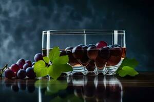 a glass of wine with grapes and leaves. AI-Generated photo