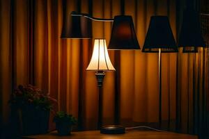 un lámpara es iluminado arriba en un oscuro habitación. generado por ai foto