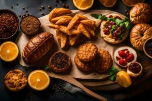 a variety of food on a wooden cutting board. AI-Generated photo