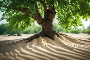 a tree with roots in the sand. AI-Generated photo