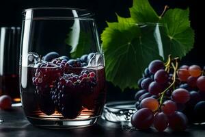 uvas y vino en un vaso. generado por ai foto