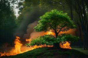 a tree is on fire in the middle of a field. AI-Generated photo