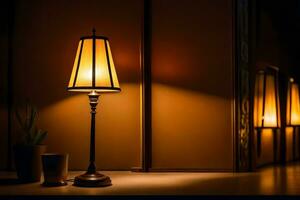 a lamp is sitting on a table in front of a wall. AI-Generated photo