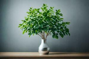 a potted plant in a silver vase on a table. AI-Generated photo