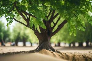 a tree in the sand with a sand dune in the background. AI-Generated photo