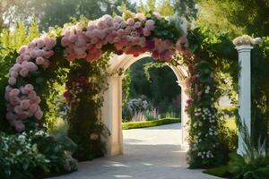 a walkway with pink flowers and greenery. AI-Generated photo