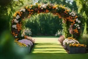 a wedding arch made of flowers and orange and yellow flowers. AI-Generated photo