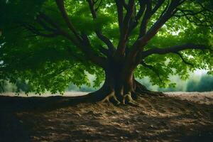 un grande árbol con raíces en el suciedad. generado por ai foto