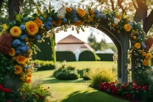 un hermosa arco con flores y césped. generado por ai foto