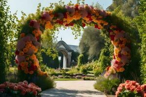 a flower archway in the garden. AI-Generated photo