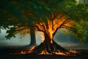 a tree with flames coming out of it in the middle of the forest. AI-Generated photo