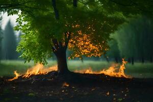 a tree with flames coming out of it in the middle of a field. AI-Generated photo