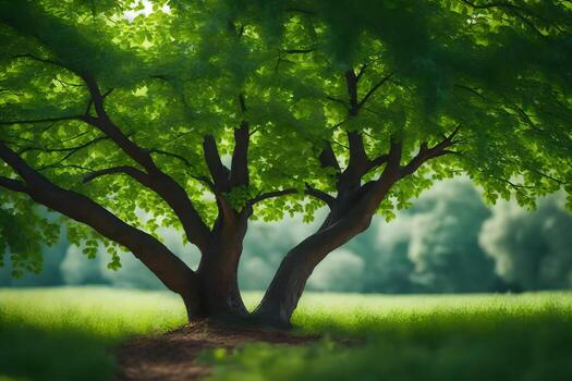 a tree is standing in the middle of a field. AI-Generated photo