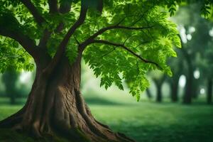 a tree with green leaves in the middle of a green field. AI-Generated photo