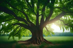 un grande árbol con raíces en el césped. generado por ai foto