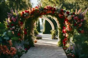 un arco con flores y verdor. generado por ai foto