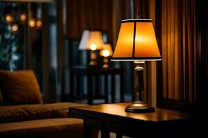a lamp is sitting on a table in a room. AI-Generated photo