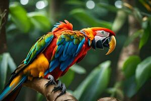 a colorful parrot sitting on a branch. AI-Generated photo