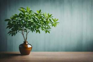 a small plant in a brown vase on a table. AI-Generated photo