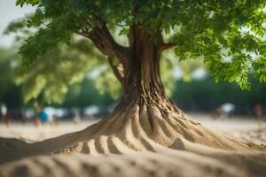 a tree growing out of the sand in the middle of a field. AI-Generated photo