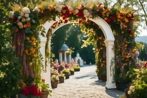 an archway with flowers and greenery. AI-Generated photo