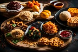 various types of food on a wooden board. AI-Generated photo