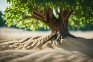 a tree in the sand with its roots growing out of the sand. AI-Generated photo