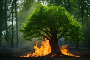 a tree is burning in the forest. AI-Generated photo