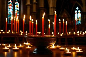 velas son iluminado en un Iglesia con velas en el antecedentes. generado por ai foto