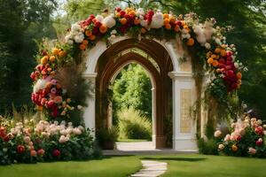 un arco con flores y un ruta líder a él. generado por ai foto