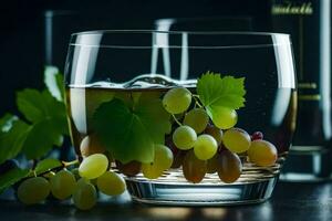 un vaso de vino con uvas y un botella de vodka. generado por ai foto