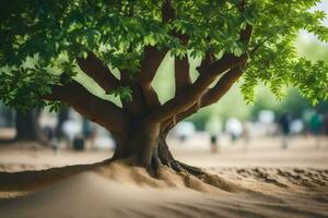 a tree in the sand with people walking around. AI-Generated photo