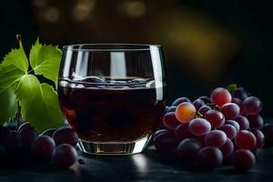 un vaso de vino y uvas en un oscuro mesa. generado por ai foto